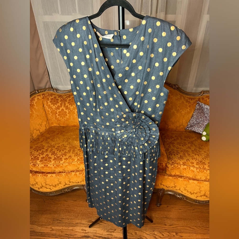 Vintage Albert Nipon blue and gold ruffle details dress
